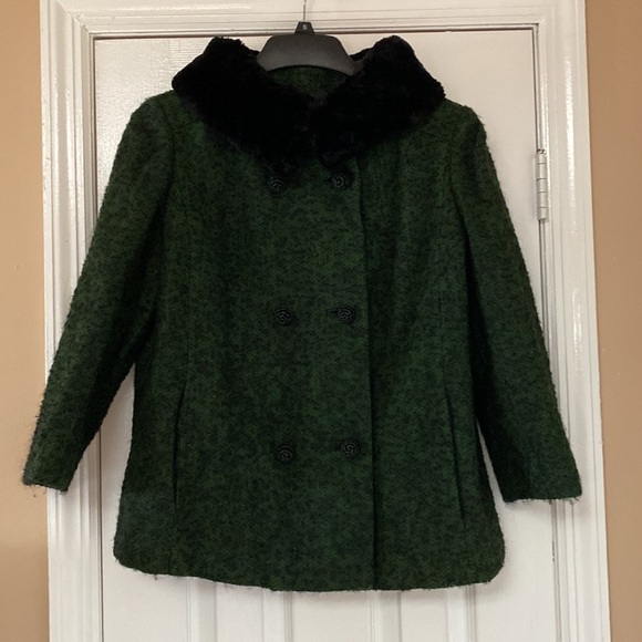 VTG 50’s 60’s Black Green Tweed Swing Coat Black Fur Collar Trim - Picture 1 of 14